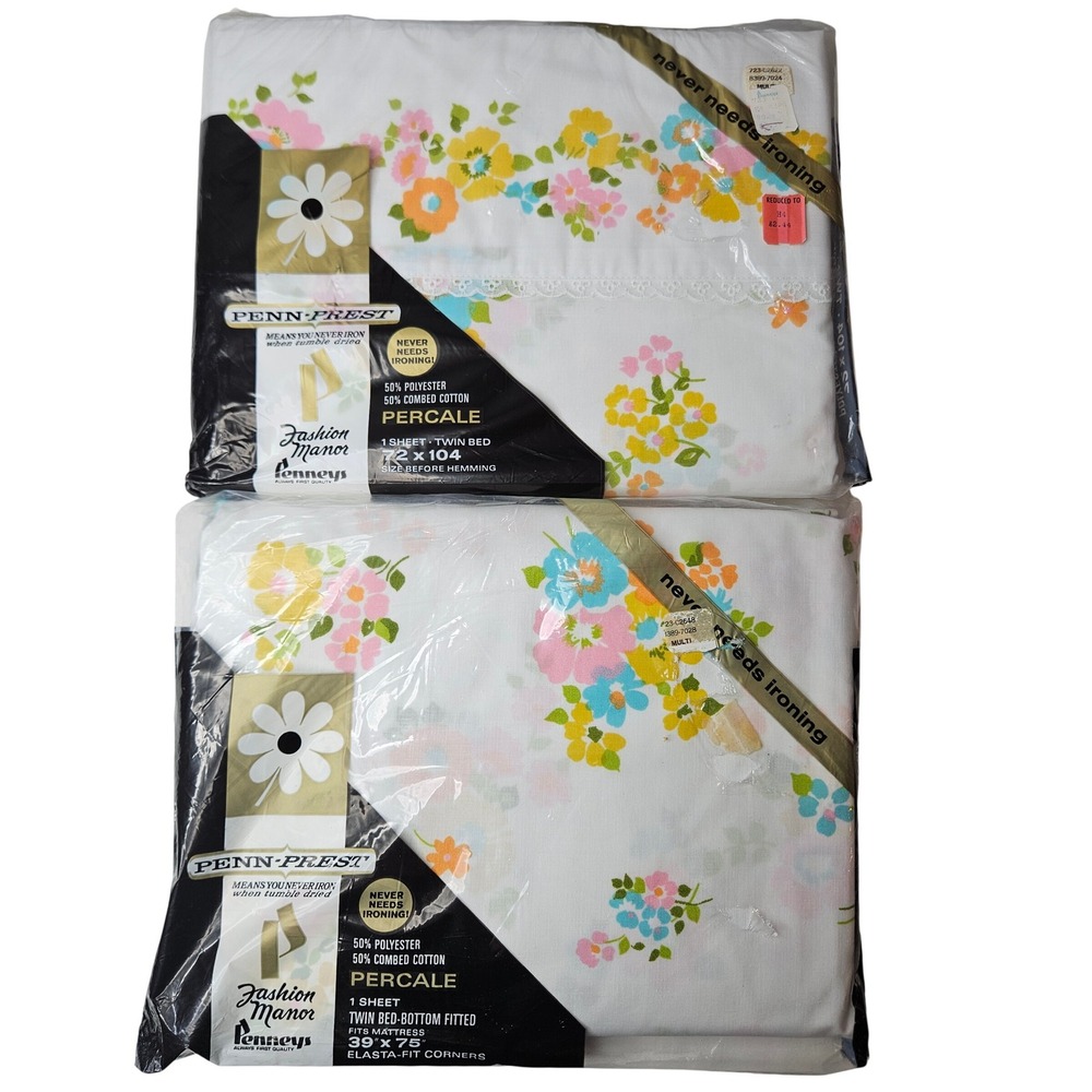 Vintage JCPenney Fashion Manor Twin Sheet Set Penn-Prest Floral Percale 2pc NEW
